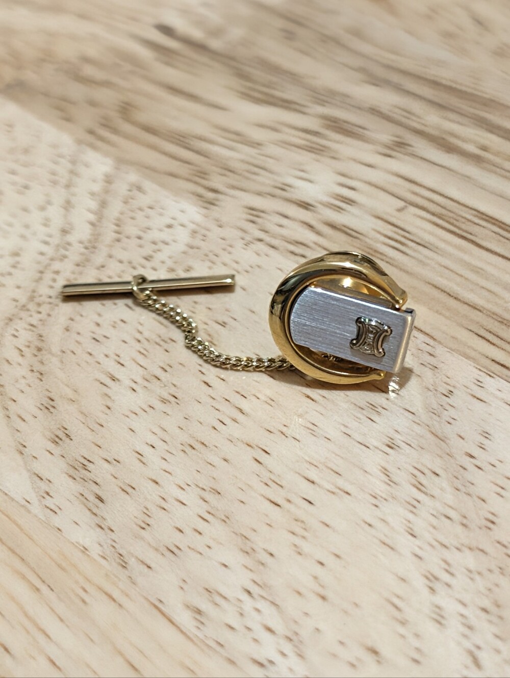 Vintage Celine Gold Tone Tie Tack Pin Two-Tone Triomphe Logo